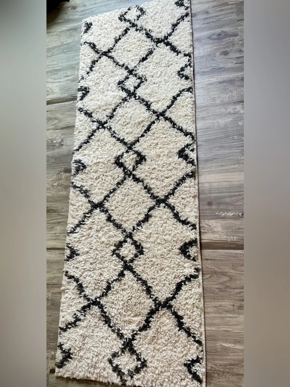 Cream & Brown Geometric Shag Runner Rug – Approx. 19.5” x 59.5”